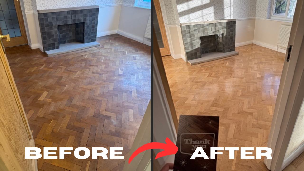 Parquet Floor Sanding in Farnborough showing before and after restoration of an oak herringbone parquet hardwood floor in a living room