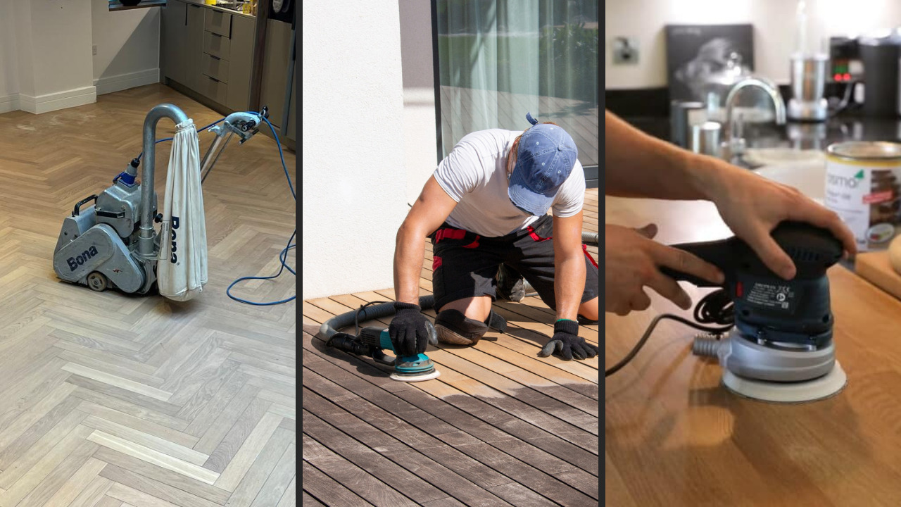 Parquet Floor Sanding in Farnborough on an oak herringbone parquet hardwood floor, alongside deck and worktop sanding services