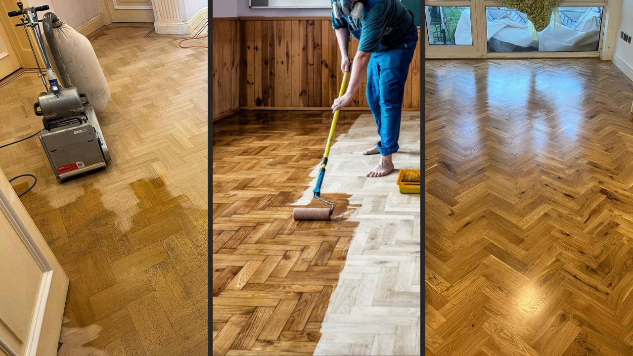 Parquet Floor Sanding in Farnborough on an oak herringbone parquet hardwood floor during sanding, staining and finishing stages